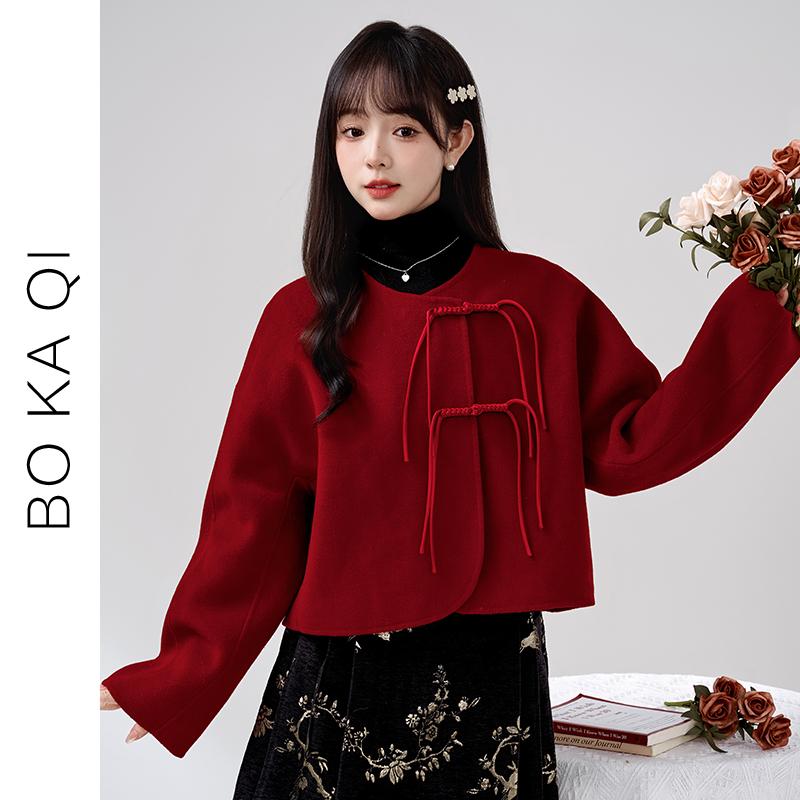 コート トップス レディース ファッション 春秋 エスニック バックル レースアップ ウール 女性 ガーリー カレッジ 干支年 レッド ショート ウール