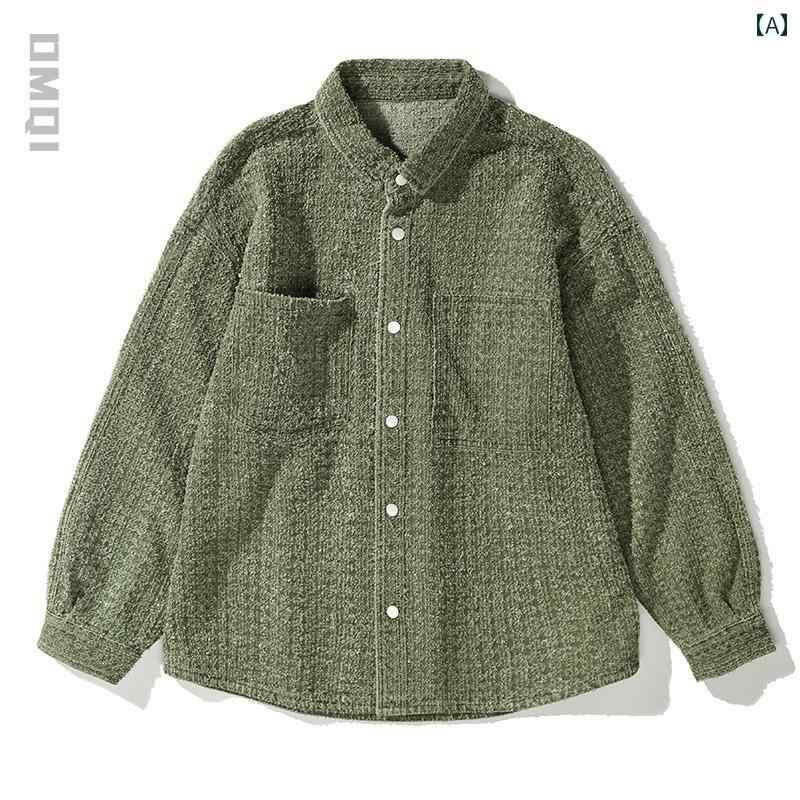 長袖 シャツ メンズ 春秋 アメリカン トップス ジャケット ジャガード織 前開きボタン 襟 アウター 厚手 断熱性 暖かい 豪華感 単 シンプル マルチポケット 布バッジ装飾 カジュアル レジャー ワークシャツ 綿 コットン｜セキュアデポ
