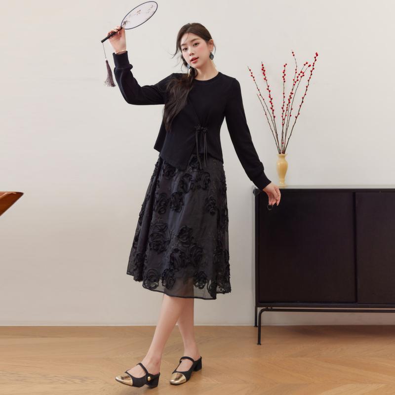 レディース ぽっちゃり 大きめサイズ 婦人服 ワンピース ドレス レトロ チャイナ風 フェイクセットアップ 春 刺繍 お腹カバー