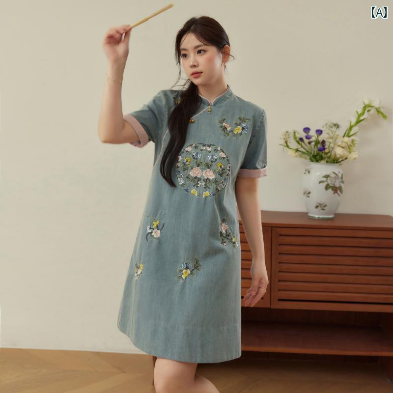 ワンピース おしゃれ レディース 婦人服 大きめサイズ ゆったり ぽっちゃり ワンピ ドレス チャイナドレス デニム 厚手 刺繍 夏
