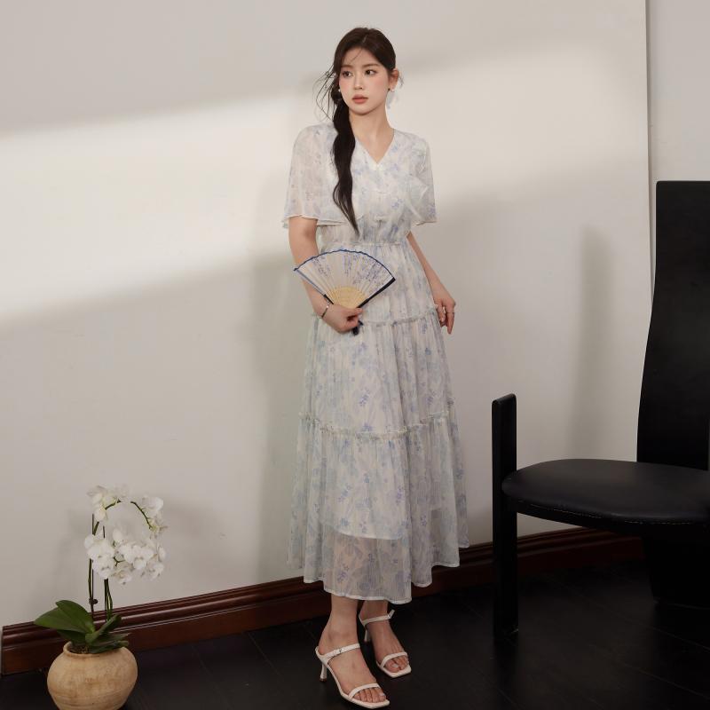 ワンピース おしゃれ レディース 婦人服 大きめサイズ ゆったり ぽっちゃり ワンピ ドレス Vネック フリル 花柄 夏 かわいい