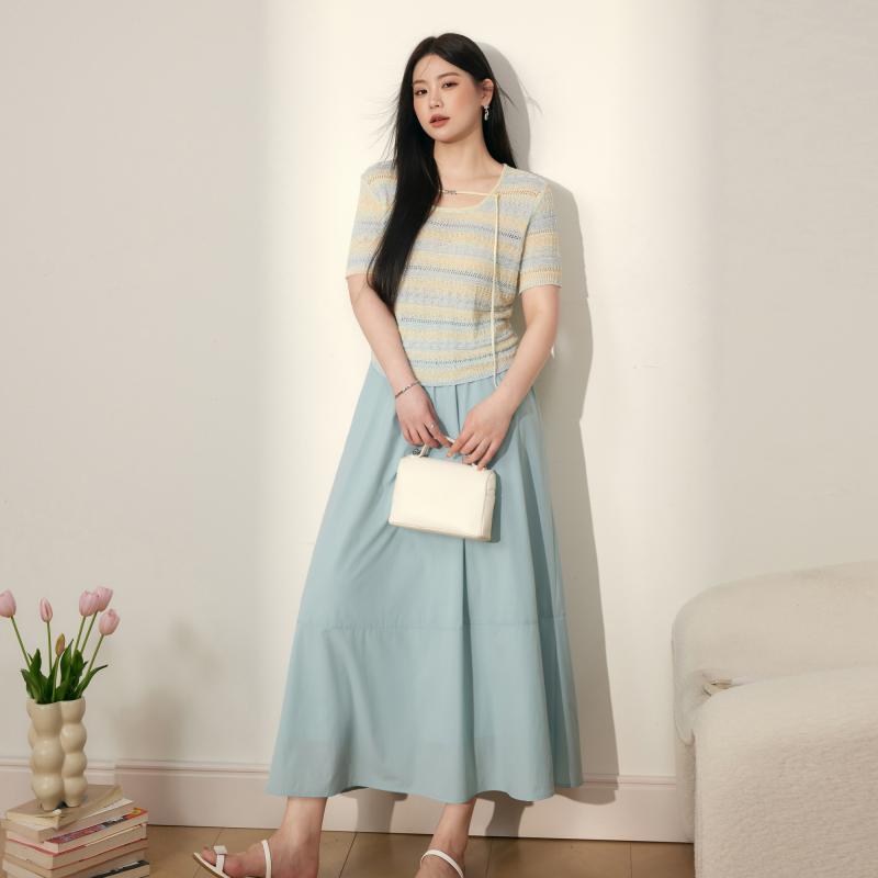 レディース 婦人服 大きめサイズ ゆったり ぽっちゃり 夏セーター 半袖 ロングスカート ゴムウエスト ニット 夏｜セキュアデポ 9,123円