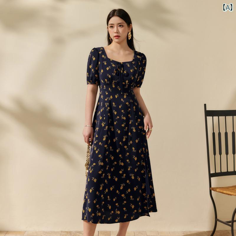 ワンピース おしゃれ レディース 婦人服 大きめサイズ ゆったり ぽっちゃり ワンピ ドレス 花柄 レトロ スクエアネック 夏 かわいい