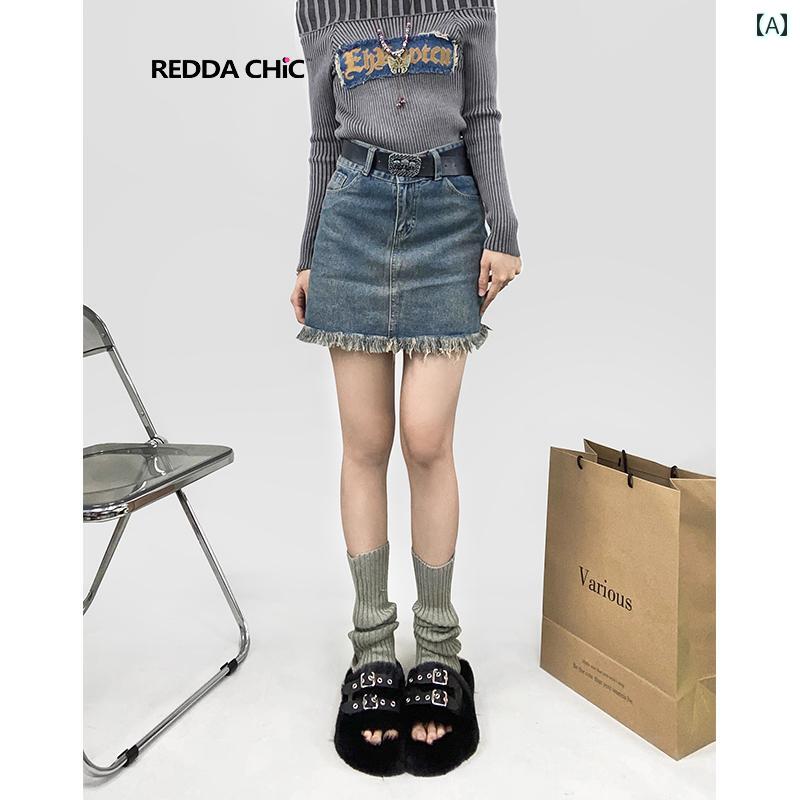 レディース 女の子 スカート ショート デニム レトロ 秋 ハイウエスト タッセル