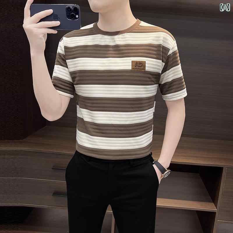 メンズ トップス 紳士服 メンズ シャツ Ｔシャツ 半袖 ラウンドネック ストライプ 夏 カジュアル
