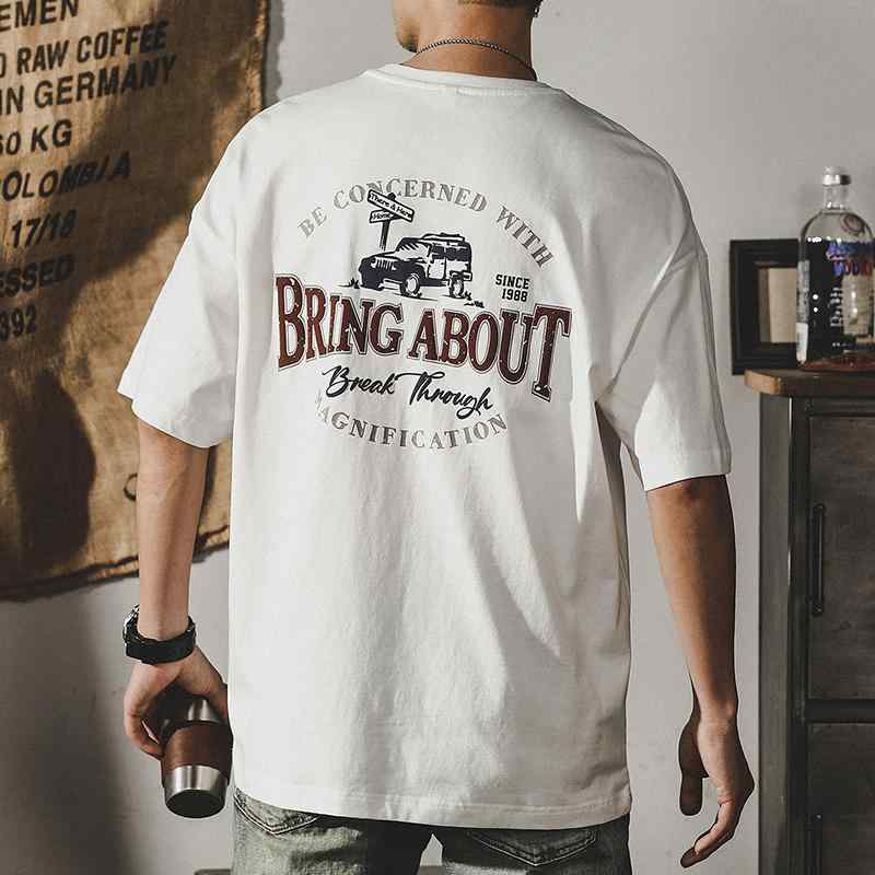 メンズ 半袖 Tシャツ トップス 夏 アメリカン アウトドア バックプリント キャンピングカー テキスト英文字プリント イラスト 薄手 フロントワンポイント 綿 コットン カジュアル レジャー
