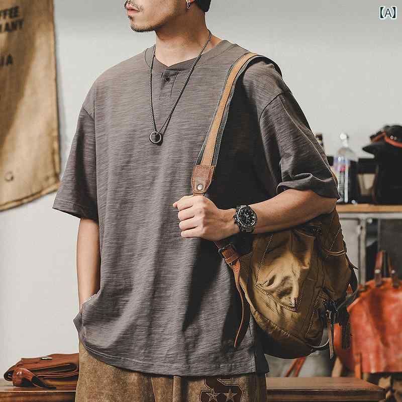 メンズ 半袖 Tシャツ トップス 夏 アメリカン レトロ ヘンリー ワンボタン装飾 無地 薄手 シンプル さわやか 紳士 通気性 カジュアル レジャー クラシック感
