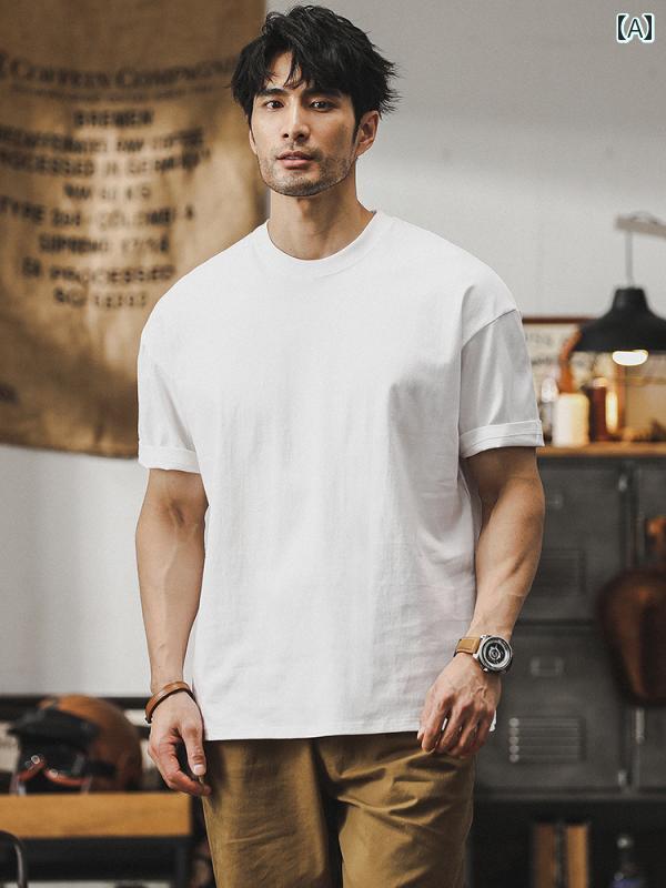 メンズ 半袖 Tシャツ トップス 夏 アメリカン 無地 ベーシック シンプル 単 通気性 綿 コットン カジュアル レジャー