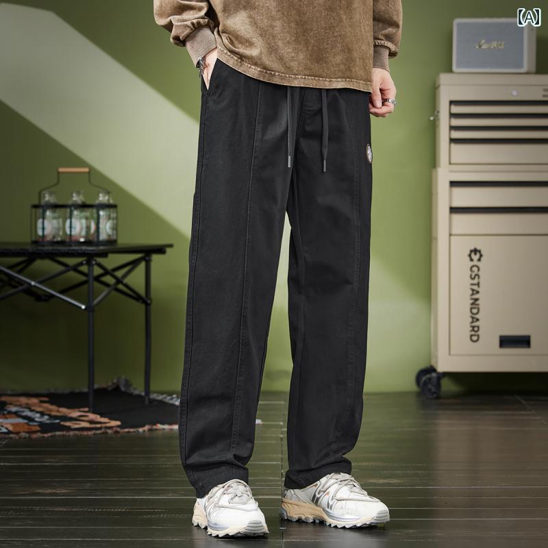 メンズ パンツ 長ズボン レトロ ストレート カジュアル 春秋 ブラック 快適 起毛 ロング コットン