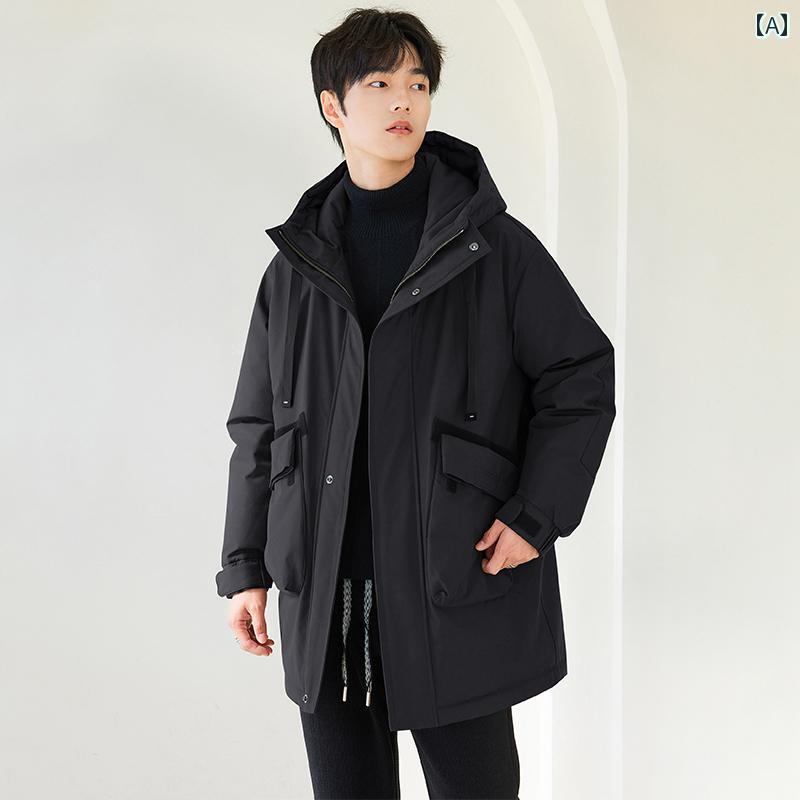 ダウン ジャケット フード パーカー メンズ ファッション アウター カジュアル 丈 秋冬 裏起毛 厚手 フェイク メンズ