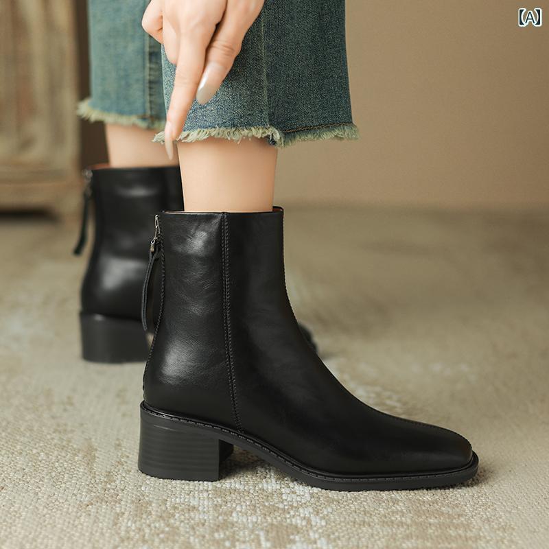レディース アンクルブーツ おしゃれ レザー 革 厚手 裏起毛 ラムウール 暖かい ショート ブーツ 女性 レトロ スクエアトゥ ヒール ハイヒール スノーブーツ スリム