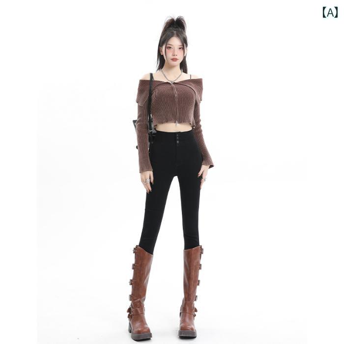 レディース パンツ デニム 女性 黒 スーパーハイウエ スト ジーンズ 春秋 ガールズ タイトフィット 足首細 ペンシル