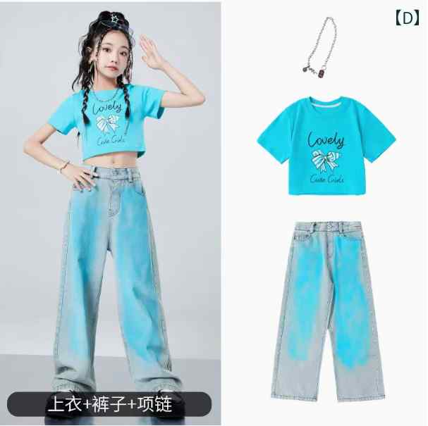 子供服 女の子 Tシャツ へそ出し ジーンズ 夏 コスチューム バンド ダンス ヒップホップ ストリート系 パフォーマンス 衣装 セットアップ クール かっこいい キッズ