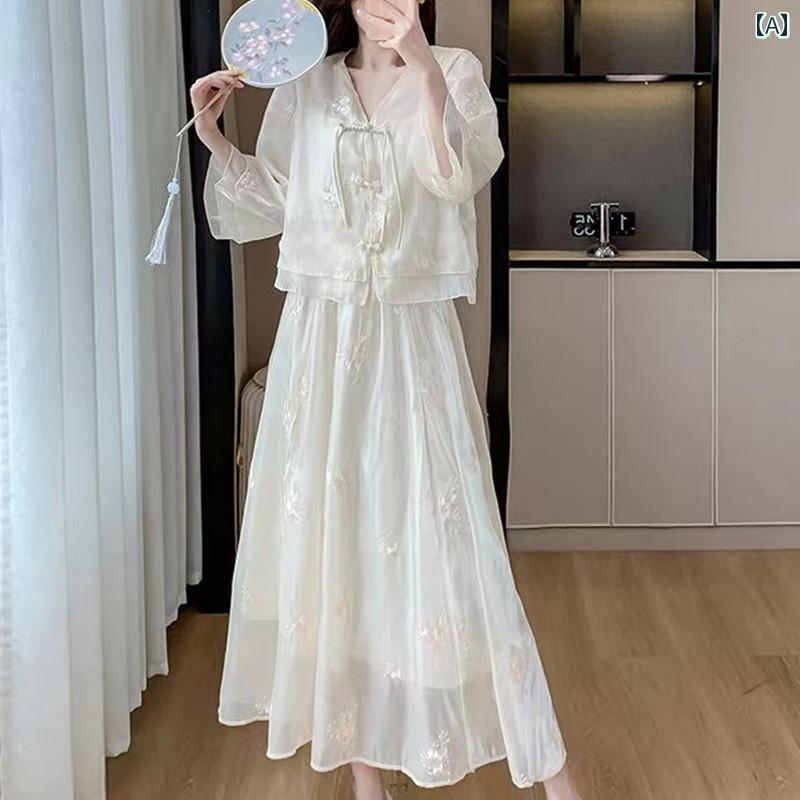チャイナ風 レディース ファッション フェイク セットアップ ドレス 夏 大きめサイズ 刺繍 ボタン トップス スプライス ロング スカート 5,178円