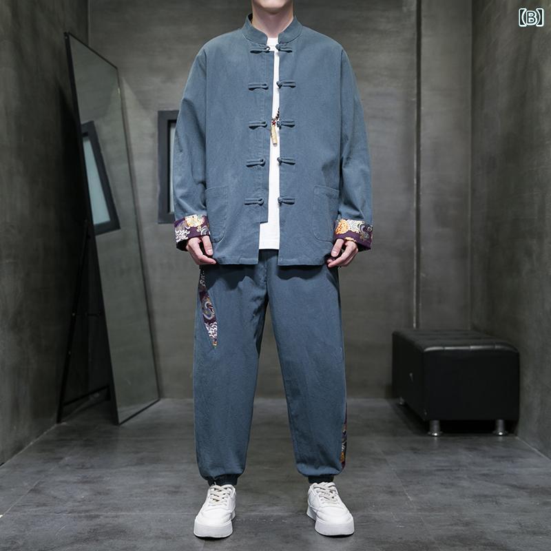 メンズ 中華服 成人男性服 メンズ トップス プルオーバー ボトムス ズボン下 セットアップ 上下仕掛ける 背広 心地好い 瀬戸もの風 大きめ大きさ レトロ 烏兎