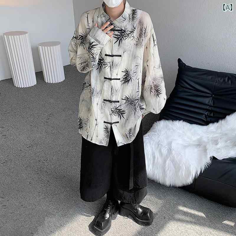 シャツ メンズ ゆったり おしゃれ チャイナ風 長袖 日焼け防止 インクプリントシャツ ボタンシャツ トップス レトロ トップス