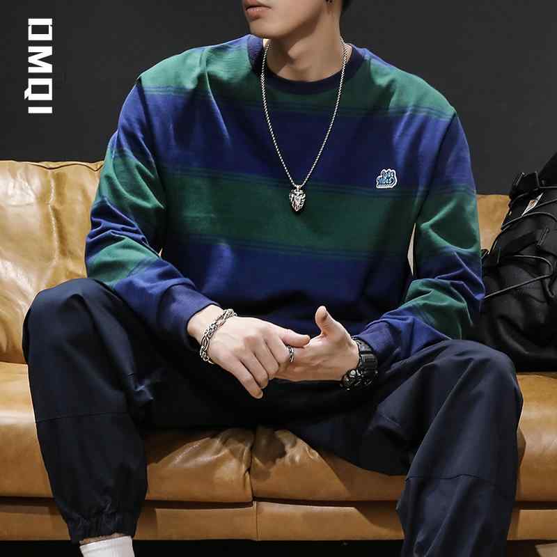 メンズ ロンT トレーナー 厚手 綿 秋 レトロ ストライプ ラウンドネック 長袖 Tシャツ メンズ 大きめサイズ 春秋 スウェットシャツ ロングスリーブ