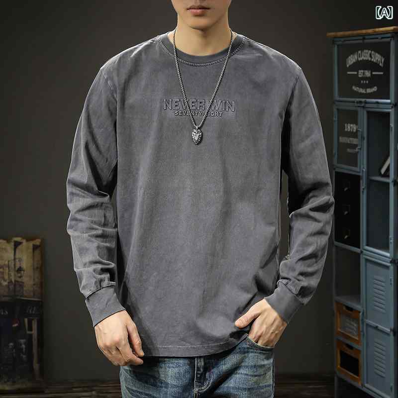 メンズ アメカジ トップス 厚手 綿 レトロ ウォッシュ 長袖 Tシャツ アメリカ ゆったり 大きめサイズ ラウンドネック スウェット 春 レイヤリング