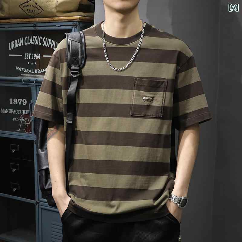 Tシャツ 夏 トップス メンズ ストライプ 半袖 メンズ ゆったり 大きめサイズ カジュアル シンプル