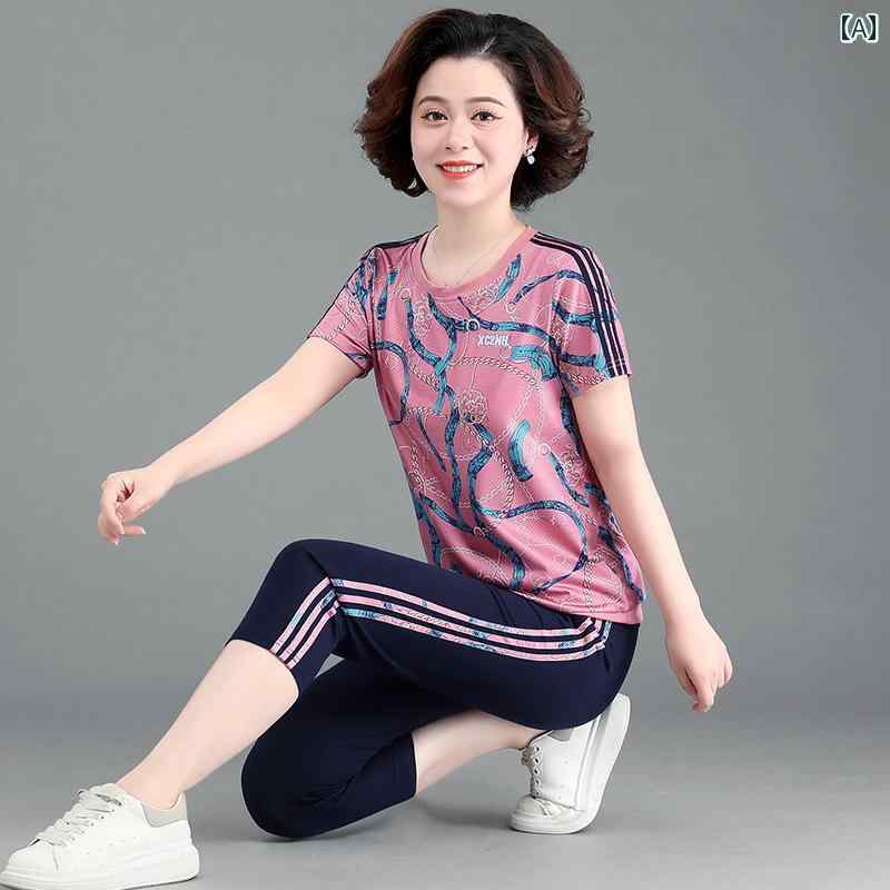 セットアップ レディース 普段着 夏 半袖 Tシャツ 柄 クロップドパンツ 七分丈パンツ ライン 上下 2点セット おしゃれ 大きめサイズ