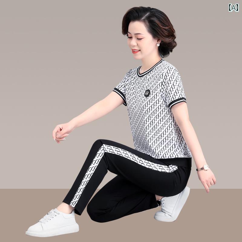 セットアップ レディース レディース シニア 夏 半袖 Tシャツ 柄 模様 スポーツ ロングパンツ ライン 上下 2点セット おしゃれ 大きめサイズ