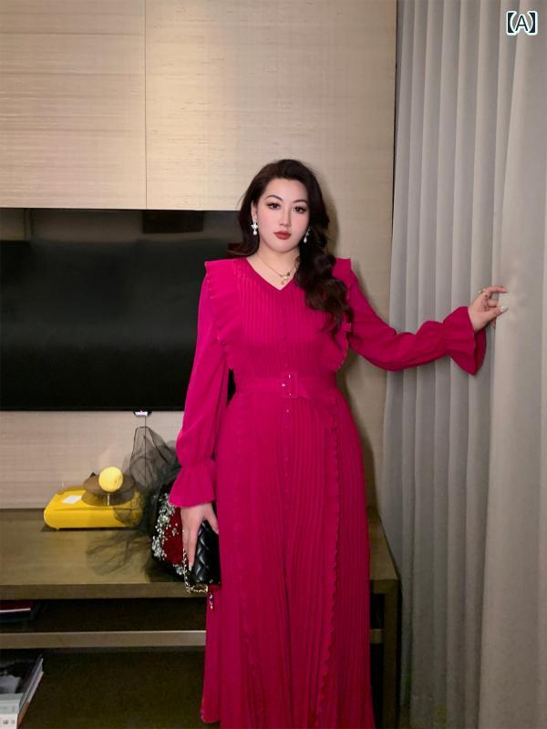 レディース ぽっちゃり エレガントドレス 大きいサイズ 婦人服 ローズピンク 豪華 ファッション プリーツ 長袖 フェアリー 記念日 お祝い イブニング パーティー 8,180円