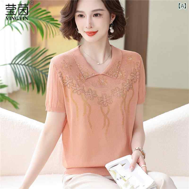 お母さん セットアップ 春夏 半袖 Tシャツ トップス 薄手 ラウンドネック ひんやり 涼しい 快適 トップス レディース ゆったり プルオーバー 刺・墸 ビーズ 模様 かわいい 若見え 涼しい 軽やか