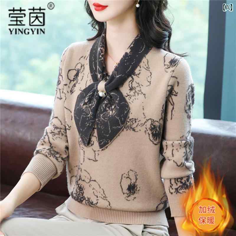 セーター カジュアル 上品 レディース ファッション マザーズ 普段使い トップス ニット 服 秋冬 暖かい 起毛 厚手 レイヤリング 通勤 ゆったり パンツセット スーツ 婦人服