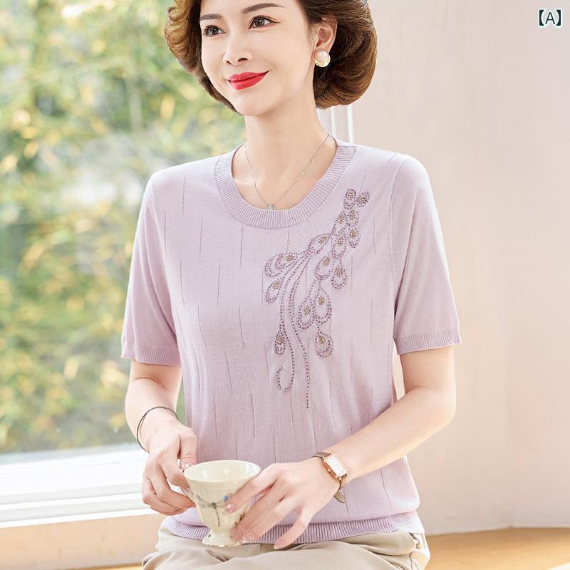 お母さん セットアップ カジュアル 普段使い ママ 夏 半袖 Tシャツ 洋風 ニット シャツ レディース ひんやり 涼しい 快適 トップス セット シンプル 心地
