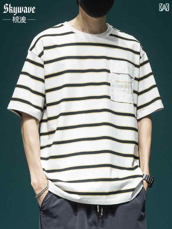トップス シャツ Tシャツ メンズ カジュアル ストリート ゆったり ストライプ 半袖 夏 イン 半袖 ラウンドネック レトロ
