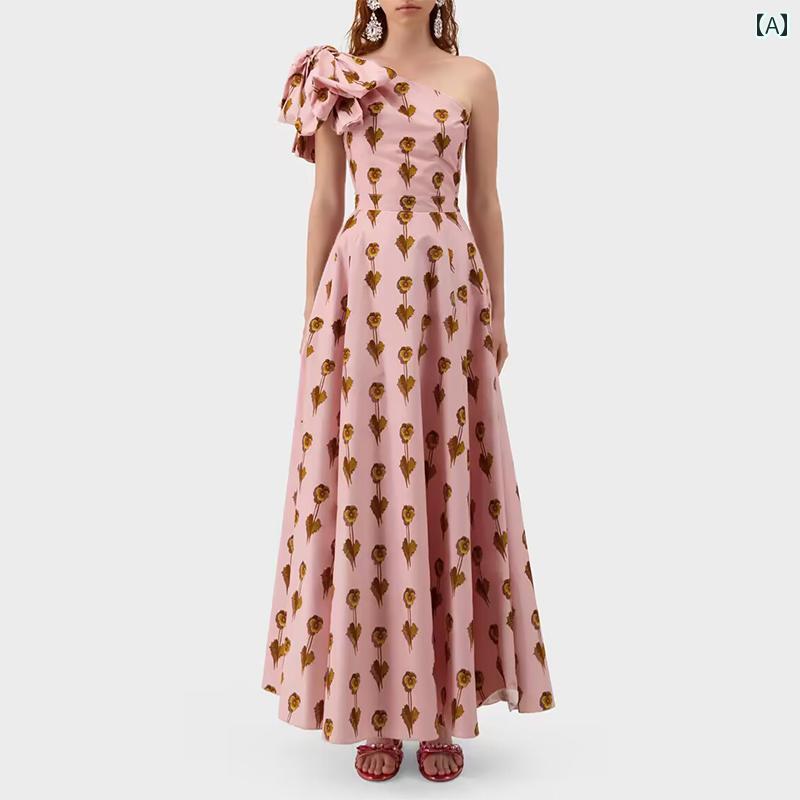 スカート ドレス レディース 肩 魅惑的 オフショルダー ロング 蝶 結び 若々しい ピンク プリント ウエスト 細く ロイヤル シスター｜セキュアデポ