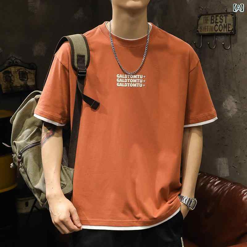 シャツ Tシャツ メンズ 半袖 夏 ゆったり 大きいサイズ おしゃれ 綿 厚手 プリント フェイク ツーピース