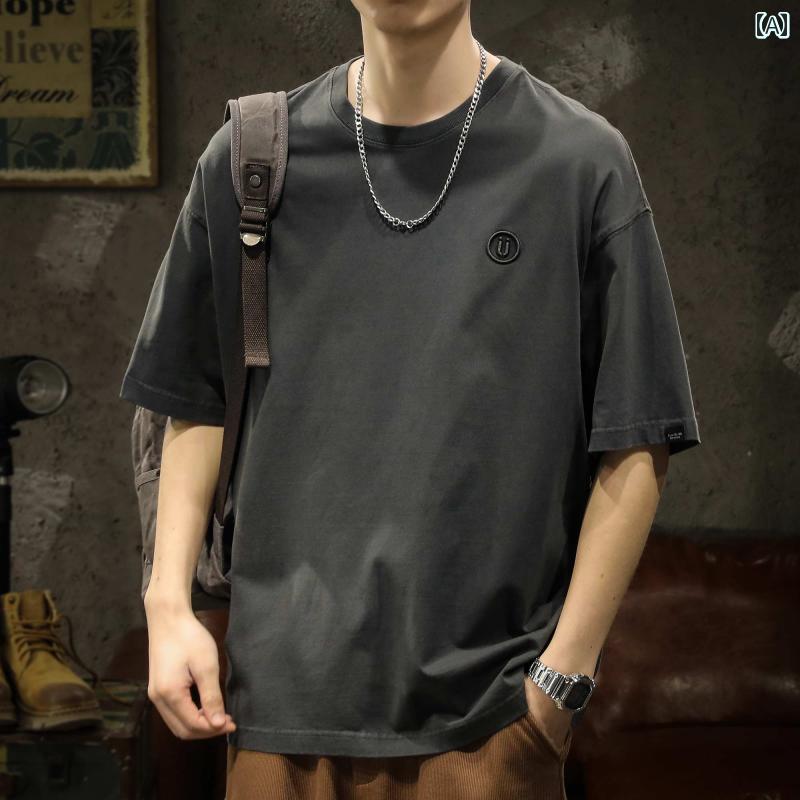 トップス シャツ Tシャツ メンズ アメリカン ストリート カジュアル ゆったり ヘビーウェイト 半袖 夏 イン 綿 黒 刺繍 半袖