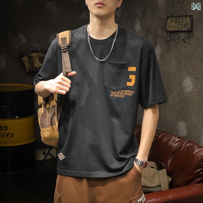 トップス シャツ Tシャツ メンズ アメリカン ストリート カジュアル ゆったり ヘビーウェイト 半袖 夏 綿 レター プリント ラウンドネック 半袖