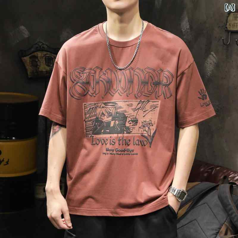 トップス シャツ Tシャツ メンズ アメリカン ストリート カジュアル ゆったり ヘビーウェイト 半袖 夏 アニメ プリント コットン イン ラウンドネック