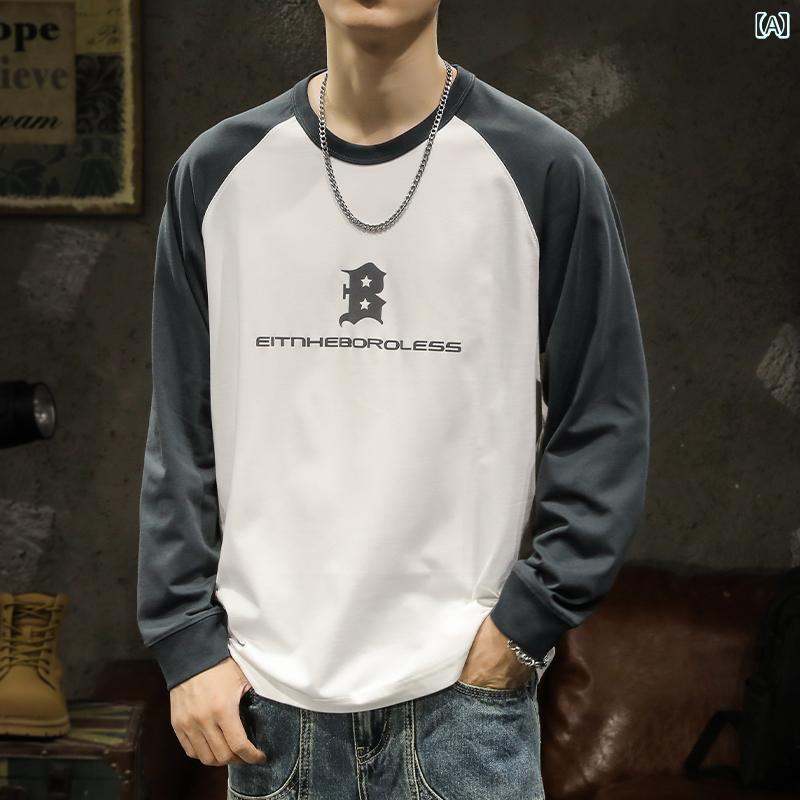 トップス シャツ メンズ スプライス 長袖 Tシャツ 春秋 ヘビーウェイト ラウンドネック スウェットシャツ トレーナー 秋 レイヤリング