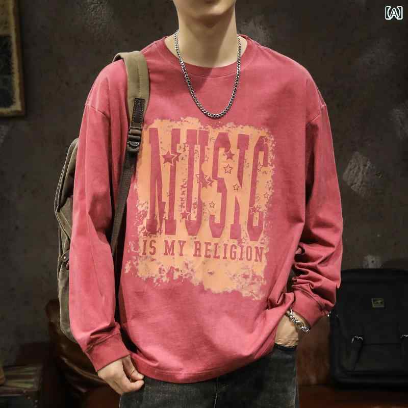 トップス メンズ 綿 プリント レター 長袖 Tシャツ 秋 アメリカン レトロ ヘビーウェイト ラウンドネック スウェットシャツ トレーナー