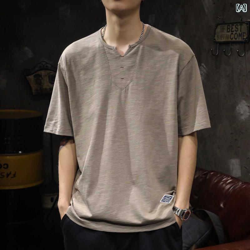 シャツ トップス Tシャツ メンズ アメリカン レトロ ヘンリー カラー 半袖 夏 シンプル ゆったり 大きいサイズ ヤッピー カジュアル