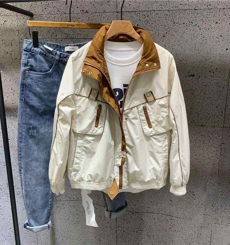 トップス ジャケット メンズ 屋外 アウトドア 秋 ファッション ゆったり スタンドカラー フード付き パーカー 韓国 カジュアル スプライシング 作業着 薄手