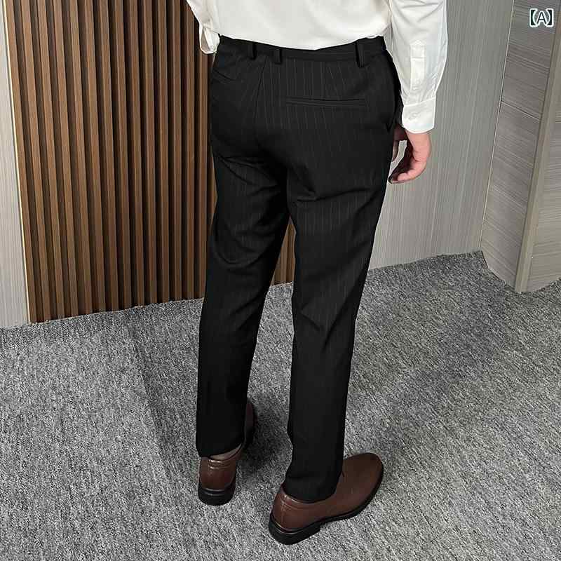 メンズ パンツ スラックス スリムフィット 韓国 黒 裾細 スーツ ビジネス ハイエンド 伸縮性 ウエスト 垂直 抗 シワ フォーマル ストライプ