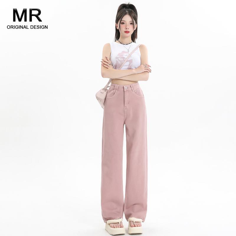レディース 夏 パンツ デニム スタイリッシュ ピンク ハイウエスト レトロ ワイド レッグ 女性 春 スリム ストレート ジーンズ