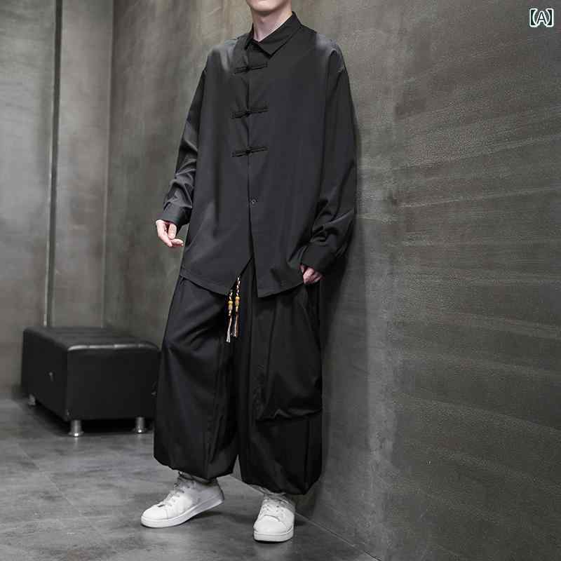 メンズ 中華風 秋 長袖 シャツ スーツ 唐 ツーピース セット 漢服 素人 紳士服