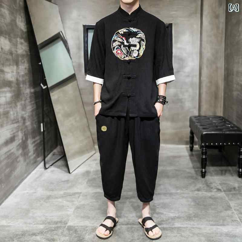 メンズ 中国 唐 スーツ 漢服 レトロ 中華風 半袖 コットンリネン シャツ リネン 修行 瞑想 ツーピース