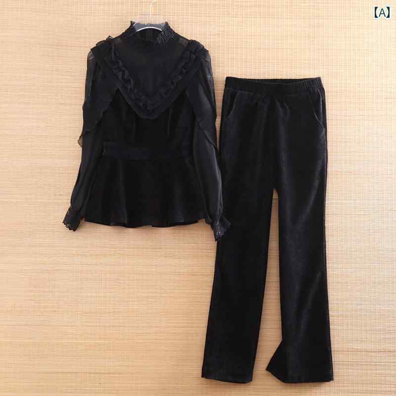 レディース パンツ ファッション ツーピース セット 女性 秋冬 ベルベット レース スリムフィット ショート トップス 小さい フレア スーツ|セキュアデポ
