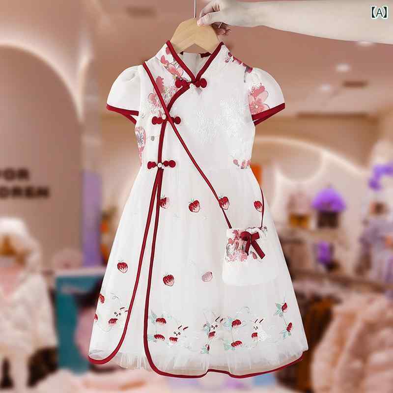 夏 ガールズ 韓服 子供服 少女 ウサギ 刺繍 チャイナ プリンセス ドレス 西洋 薄手 スカート