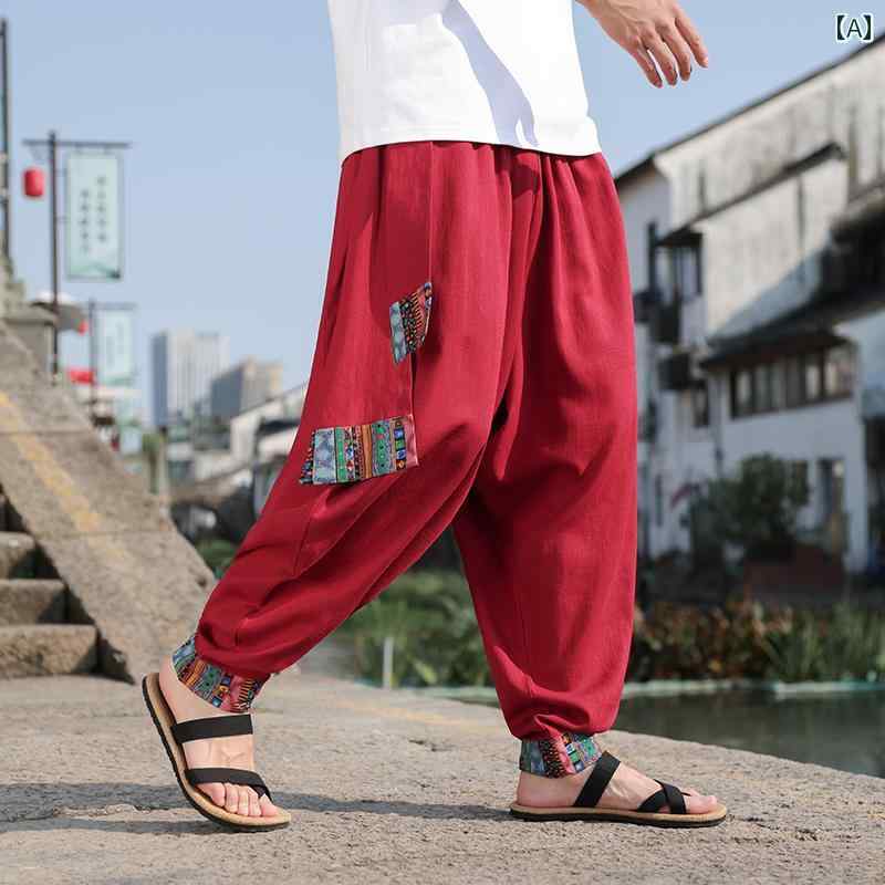 メンズ カジュアル パンツ ワイド レッグ ゆったり 快適 長ズボン 普段着 エスニック レトロ 中華風 綿 リネン 大きいサイズ 大きい 股 ダンス