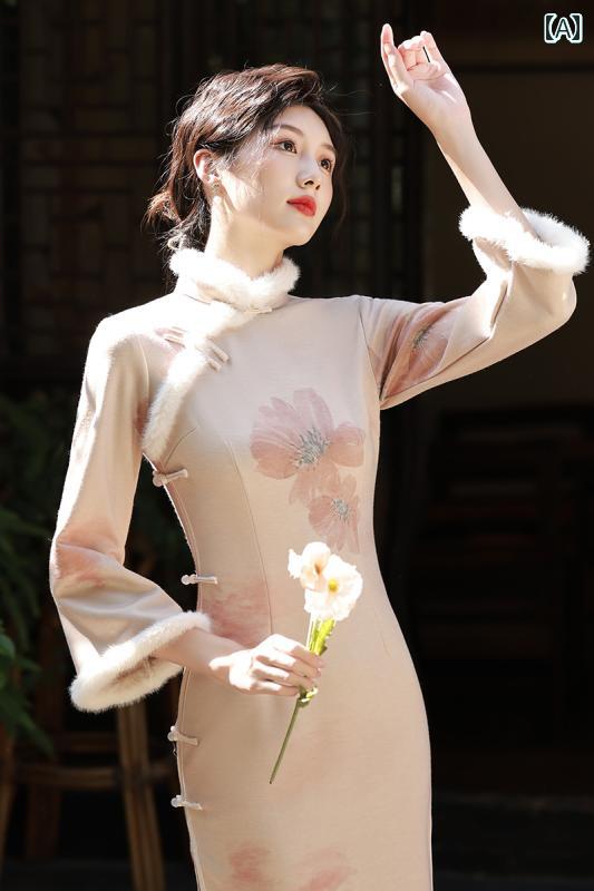 レディース チャイナ ドレス エレガント おしゃれ 民族服 上品 洗練 高級感 冬 厚手 ベルベット 暖かい 長袖 中華風 女性