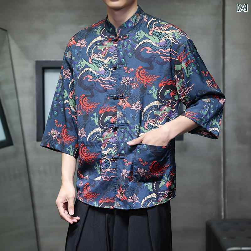 メンズ 夏 薄氷 ファッション 中華風 絹 半袖 シャツ 中国 ボタン ダウン 唐 ジャケット 漢服 大きいサイズ 五分袖