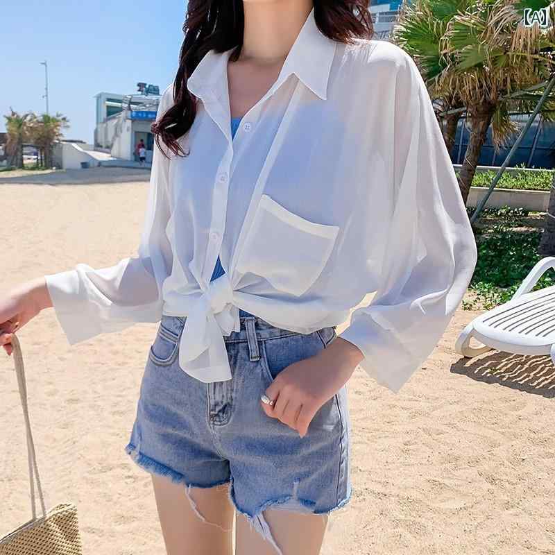 レディース 夏 トップス 韓国 ビキニ カバーアップ 白い シフォン カーディガン 日焼け防止 服 女性 長袖 シャツ 通気性 抗 UV 快適