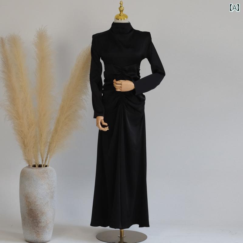 レディース ローブ エスニック ゆったり 快適 体型カバー アメリカ 無地 ハイネック プリーツ スリム ドレス プルオーバー エレガント ロング スカート 長袖 シンプル